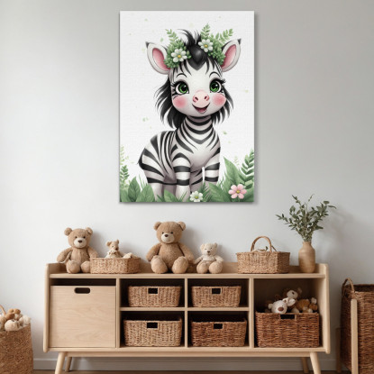 Quadro Per Cameretta Neonato Decorazione Zebra Simpatica Con Corona Floreale banb4 quadro stampato su tela