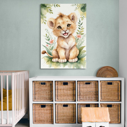 Quadro Per Cameretta Bambino Cucciolo Di Leone Sorridente Con Piante banb6 quadro stampato su tela