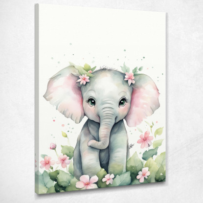 Quadro Per Cameretta Bimbo Cucciolo Di Elefante Con Fiori banb7 quadro stampato su tela