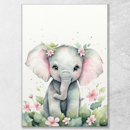 Quadro Per Cameretta Bimbo Cucciolo Di Elefante Con Fiori banb7 quadro stampato su tela