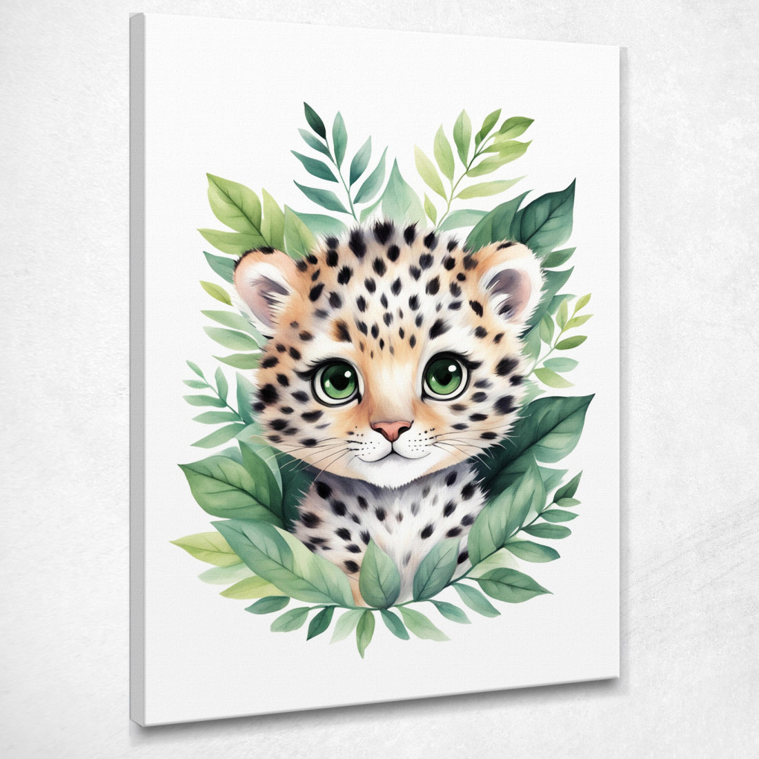 Decorazione Per Nursery Quadro Per Bimba Cucciolo Di Leopardo Tra Foglie Verdi banb18 quadro stampato su tela