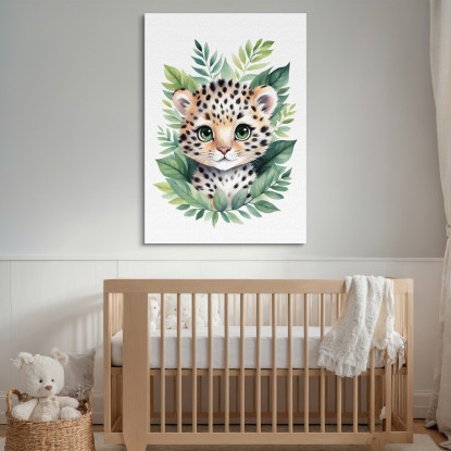 Decorazione Per Nursery Quadro Per Bimba Cucciolo Di Leopardo Tra Foglie Verdi banb18 quadro stampato su tela