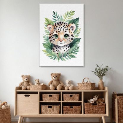 Decorazione Per Nursery Quadro Per Bimba Cucciolo Di Leopardo Tra Foglie Verdi banb18 quadro stampato su tela