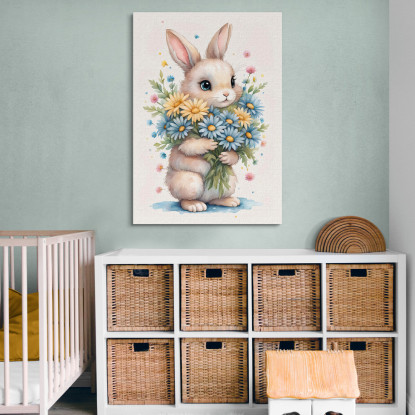 Quadro Per Nursery Decorazione Per Cameretta Coniglietto Con Margherite E Fiori Colorati banb20 quadro stampato su tela