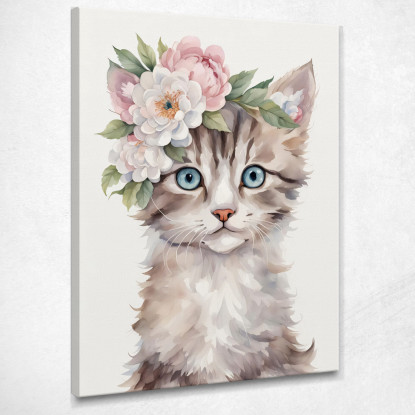 Quadro Per Bimbo Decorazione Nursery Gatto Cucciolo Con Fiori Primaverili banb21 quadro stampato su tela