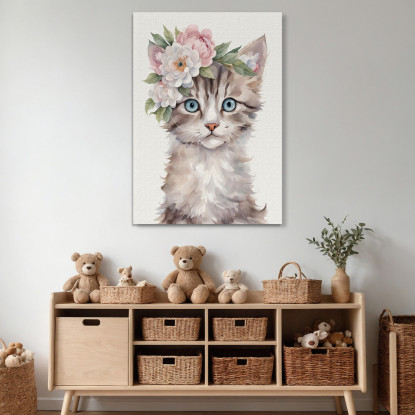 Quadro Per Bimbo Decorazione Nursery Gatto Cucciolo Con Fiori Primaverili banb21 quadro stampato su tela