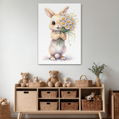 Quadro Per Bimba Decorazione Nursery Cucciolo Di Coniglio Con Fiori Bianchi E Gialli banb22 quadro stampato su tela