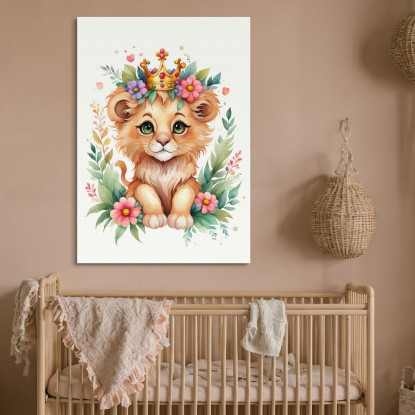 Quadro Per Nursery Decorazione Bimba Leone Cucciolo Con Coroncina Colorata banb26 quadro stampato su tela