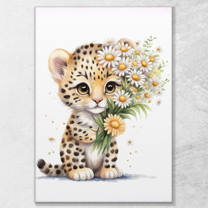 Decorazione Nursery Quadro Per Bimbo E Bimba Cucciolo Di Leopardo Con Margherite banb30 quadro stampato su tela