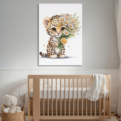 Decorazione Nursery Quadro Per Bimbo E Bimba Cucciolo Di Leopardo Con Margherite banb30 quadro stampato su tela