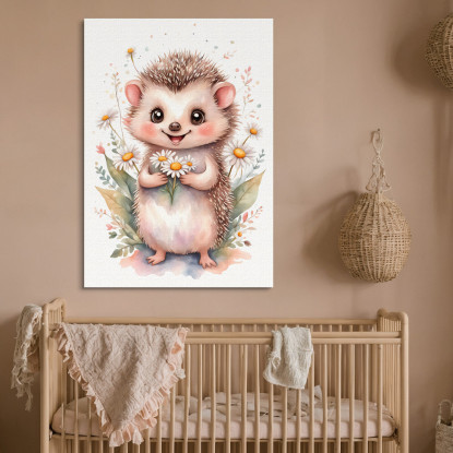 Quadro Per Cameretta Bimbo Bimba Cucciolo Di Riccio Con Margherite Colorate banb31 quadro stampato su tela