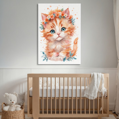 Quadro Per Cameretta Del Neonato Gattino Con Coroncina Di Fiori Arancioni banb38 quadro stampato su tela