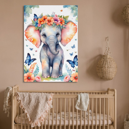 Quadro Per Nursery Decorazione Bimba Cucciolo Di Elefante Con Fiori E Farfalle banb39 quadro stampato su tela