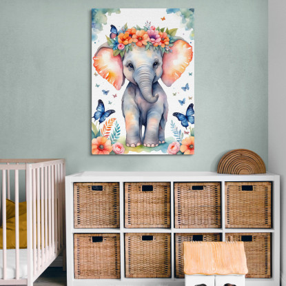 Quadro Per Nursery Decorazione Bimba Cucciolo Di Elefante Con Fiori E Farfalle banb39 quadro stampato su tela