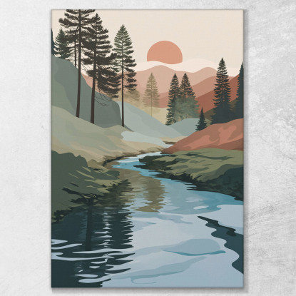 Quadro Boho Chic Minimal Paesaggio Naturale Con Fiume Pini E Montagne bho25 quadro stampato su tela