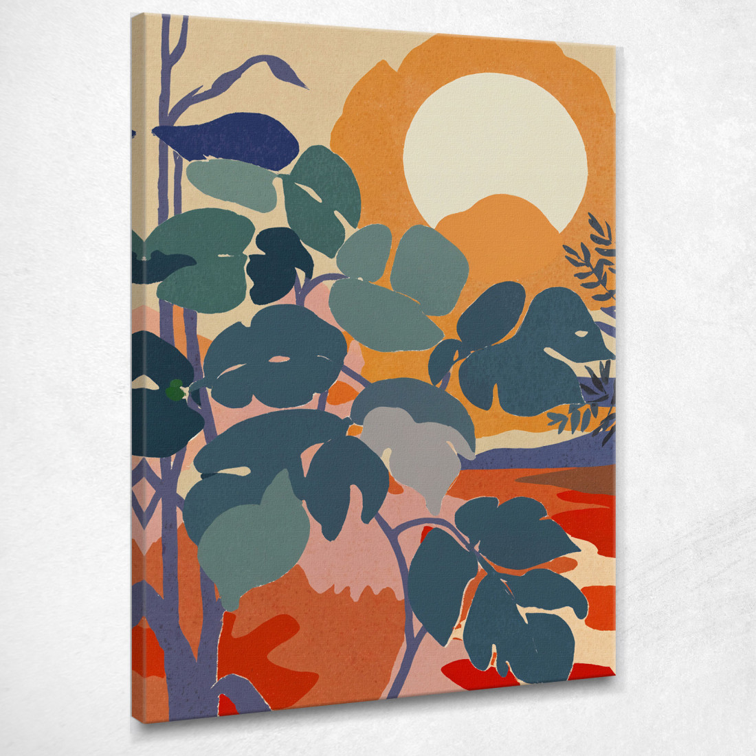 Quadro Boho Chic Minimal Paesaggio Tropicale Con Foglie Verdi E Sole Arancione bho27 quadro stampato su tela Quadro Boho Chic Minimal Paesaggio Tropicale Con Foglie Verdi E Sole Arancione bho27 quadro stampato su tela