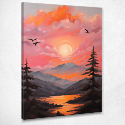 Quadro Boho Chic Minimal Tramonto Sulle Montagne E Sul Fiume Con Nuvole In Rosa E Arancione bho40 quadro stampato su tela