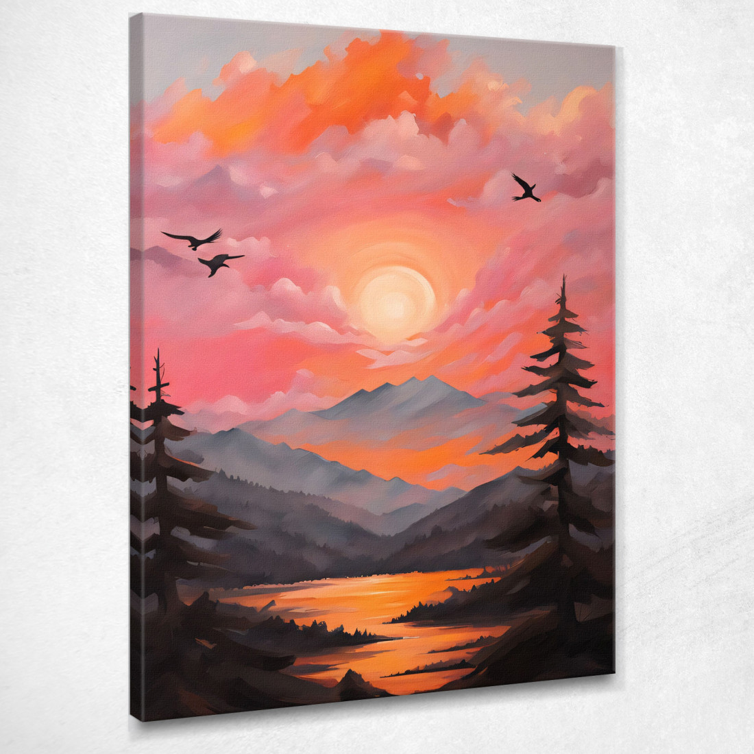 Quadro Boho Chic Minimal Tramonto Sulle Montagne E Sul Fiume Con Nuvole In Rosa E Arancione bho40 quadro stampato su tela Quadro Boho Chic Minimal Tramonto Sulle Montagne E Sul Fiume Con Nuvole In Rosa E Arancione bho40 quadro stampato su tela