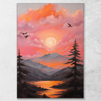 Quadro Boho Chic Minimal Tramonto Sulle Montagne E Sul Fiume Con Nuvole In Rosa E Arancione bho40 quadro stampato su tela