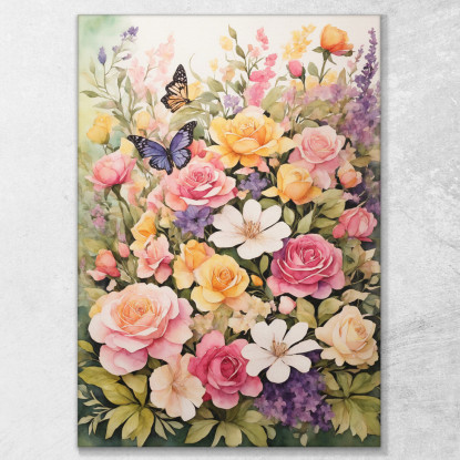 Quadro Botanico Moderno Fiori Colorati E Farfalle In Un Giardino Acquerellato btn16 quadro stampato su tela