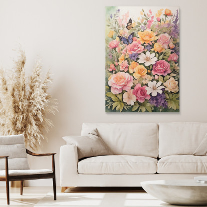 Quadro Botanico Moderno Fiori Colorati E Farfalle In Un Giardino Acquerellato btn16 quadro stampato su tela