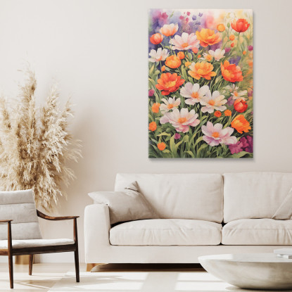 Quadro Botanico Moderno Giardino Di Fiori Acquerellati In Colori Vivaci btn27 quadro stampato su tela