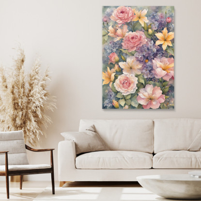 Quadro Botanico Moderno Giardino Fiorito Acquerello Con Rose E Gigli btn28 quadro stampato su tela