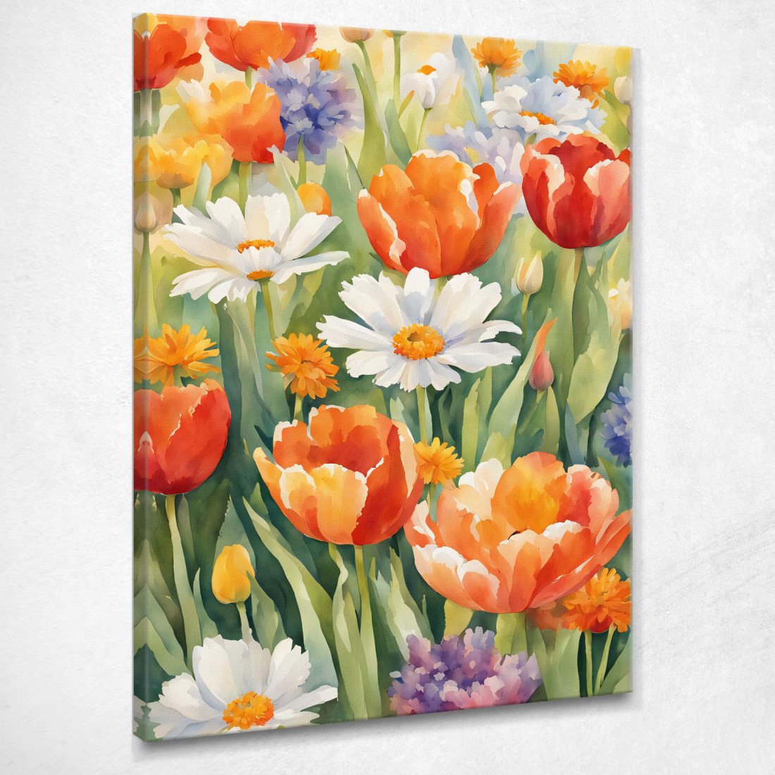 Quadro Botanico Moderno Giardino Fiorito Acquerello Con Tulipani E Margherite btn29 quadro stampato su tela