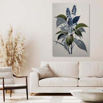 Quadro Botanico Moderno Illustrazione Astratta Foglie Verdi E Fiori Blu btn31 quadro stampato su tela