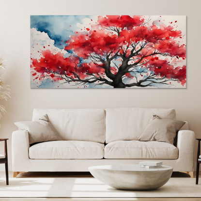 Quadro Botanico Albero Rosso Con Sfondo Acquerello Astratto bow4 quadro stampato su tela