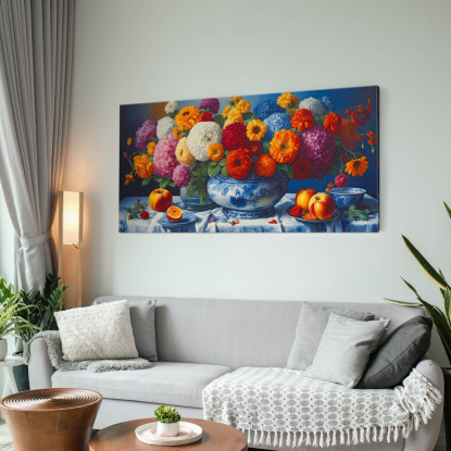 Quadro Botanico Bouquet Di Fiori Colorati E Frutta Fresca In Porcellana Blu bow6 quadro stampato su tela