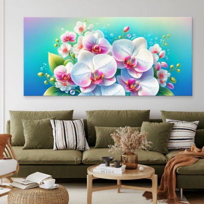 Quadro Botanico Bouquet Di Orchidee Bianche E Rosa Con Gocce D'Acqua bow7 quadro stampato su tela