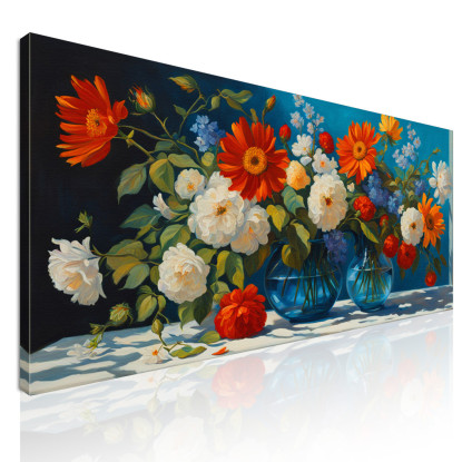 Quadro Botanico Composizione Di Fiori Vivaci In Vasi Di Vetro Blu bow13 quadro stampato su tela