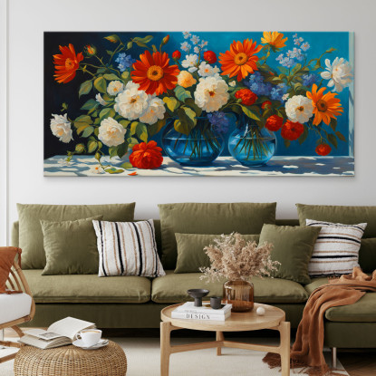 Quadro Botanico Composizione Di Fiori Vivaci In Vasi Di Vetro Blu bow13 quadro stampato su tela