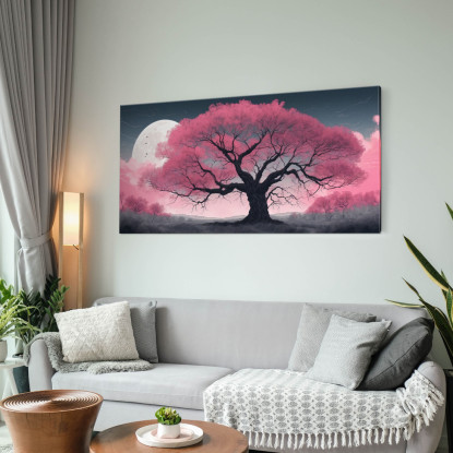 Quadro Botanico Grande Albero Rosa Illuminato Dalla Luna bow19 quadro stampato su tela