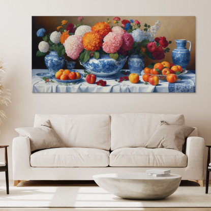 Quadro Botanico Natura Morta Con Fiori E Frutta In Vasi Di Porcellana Blu bow21 quadro stampato su tela