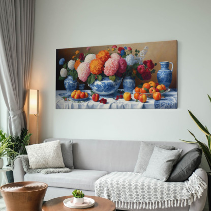 Quadro Botanico Natura Morta Con Fiori E Frutta In Vasi Di Porcellana Blu bow21 quadro stampato su tela