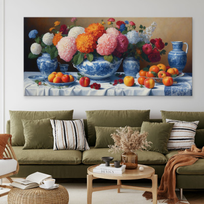 Quadro Botanico Natura Morta Con Fiori E Frutta In Vasi Di Porcellana Blu bow21 quadro stampato su tela