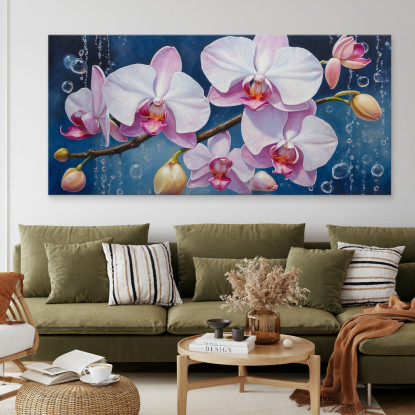 Quadro Botanico Orchidee Bianche E Rosa Con Bolle Su Sfondo Blu bow23 quadro stampato su tela