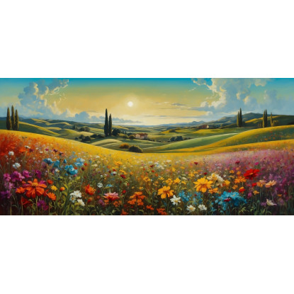 Quadro Botanico Paesaggio Di Campo Fiorito Al Tramonto bow27 quadro stampato su tela