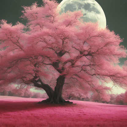 Quadro Botanico Paesaggio Notturno Con Alberi Rosa E Luna Piena Fantasy bow29 quadro stampato su tela