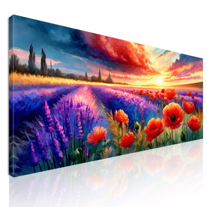 Quadro Botanico Papaveri E Lavanda Al Tramonto bow32 quadro stampato su tela