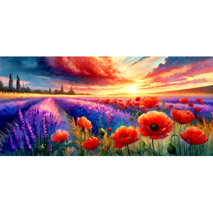 Quadro Botanico Papaveri E Lavanda Al Tramonto bow32 quadro stampato su tela