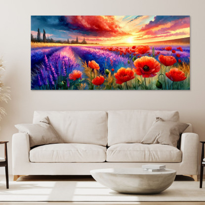 Quadro Botanico Papaveri E Lavanda Al Tramonto bow32 quadro stampato su tela