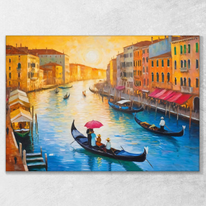 Quadro Moderno Città Astratto Atmosfera Veneziana Al Tramonto Con Gondole E Canali ct2 quadro stampato su tela