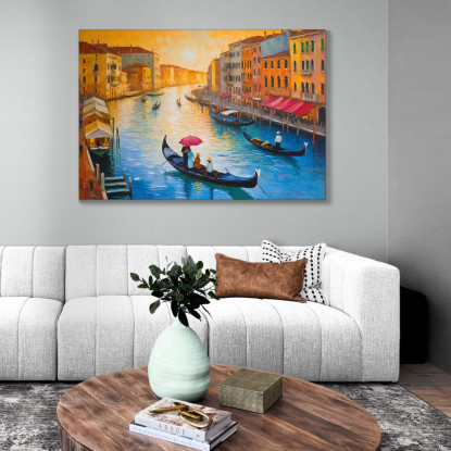 Quadro Moderno Città Astratto Atmosfera Veneziana Al Tramonto Con Gondole E Canali ct2 quadro stampato su tela