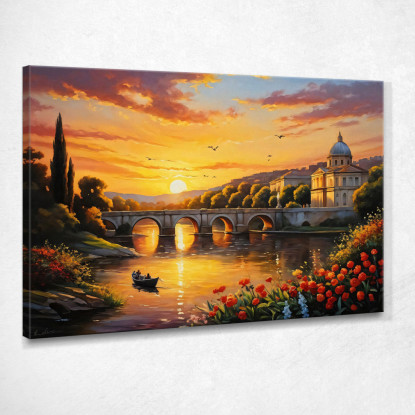 Quadro Moderno Città Astratto Barca Sul Fiume Al Tramonto Con Vista Su Un Ponte A Roma ct4 quadro stampato su tela