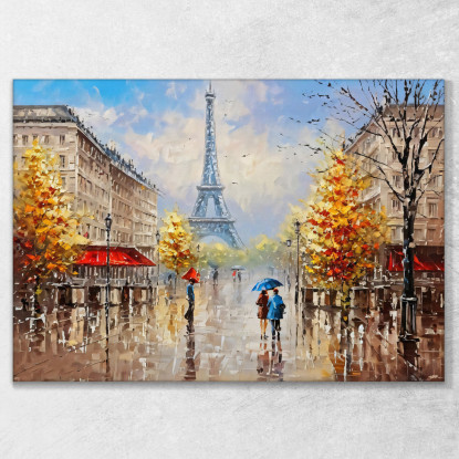 Quadro Moderno Città Astratto Coppia Con Ombrello Passeggia A Parigi Con Vista Sulla Torre Eiffel ct6 quadro stampato su tela