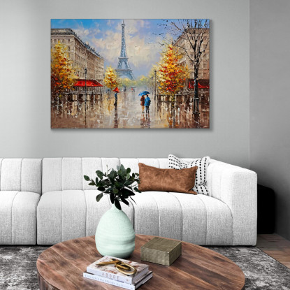 Quadro Moderno Città Astratto Coppia Con Ombrello Passeggia A Parigi Con Vista Sulla Torre Eiffel ct6 quadro stampato su tela