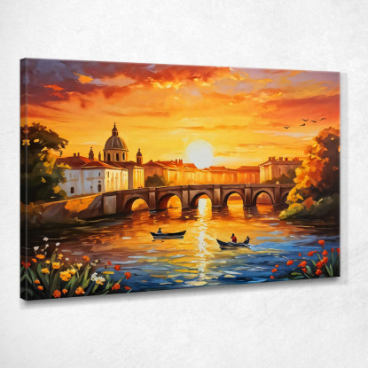 Quadro Moderno Città Astratto Incantevole Tramonto Cittadino Su Fiume Con Barca E Ponte Antico ct13 quadro stampato su tela